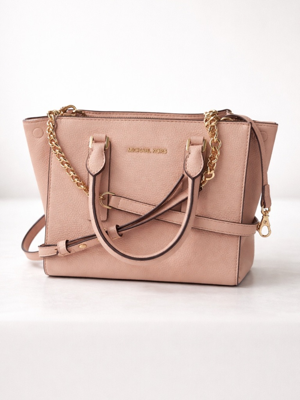 MICHAEL KORS Blush Pink Leather Crossbody Satchel with Gold Chain